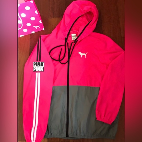 PINK Victoria's Secret Jackets & Blazers - VS PINK -Color-block Anorak Rain Jacket Pink and Gray Hooded